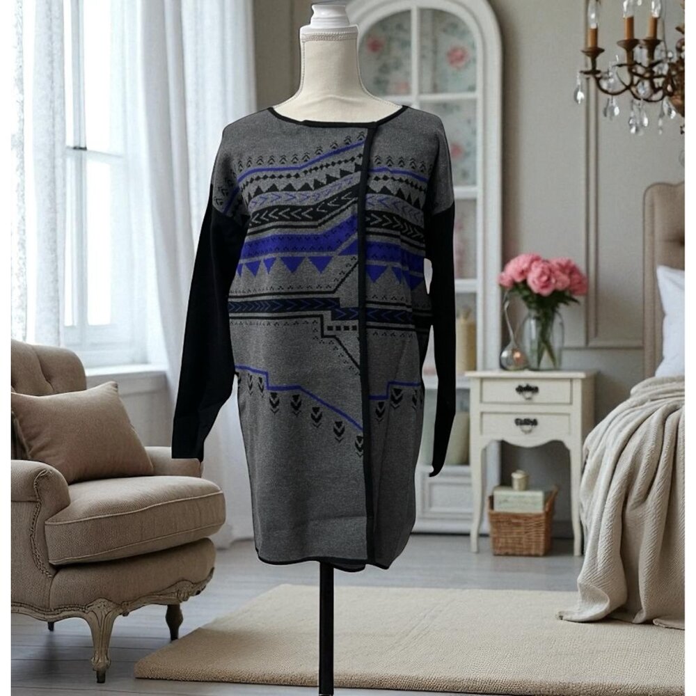 YUKA Paris Southwest Modern Tribal Graphic Longline‎ Cardigan Sweater Size L